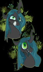 Size: 600x1000 | Tagged: safe, artist:sickbelle, imported from derpibooru, queen chrysalis, changeling, changeling queen, black background, evil grin, female, grin, gritted teeth, hair over one eye, open mouth, simple background, smiling, teeth, tongue out