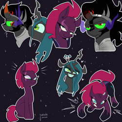 Size: 1400x1400 | Tagged: safe, artist:sickbelle, imported from derpibooru, king sombra, queen chrysalis, tempest shadow, pony, unicorn, evil grin, grin, gritted teeth, hoof shoes, horn, looking at you, question mark, smiling, teeth