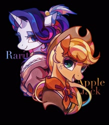 Size: 1882x2160 | Tagged: safe, artist:tkotu434, imported from derpibooru, applejack, rarity, earth pony, pony, unicorn, alternate hairstyle, ascot, black background, clothes, dress, duo, duo female, female, horn, lidded eyes, looking at you, name, open mouth, open smile, simple background, smiling, smiling at you