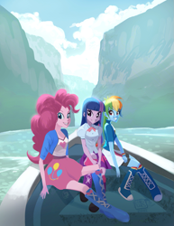 Size: 1275x1650 | Tagged: safe, artist:fabiancobos, imported from derpibooru, pinkie pie, rainbow dash, twilight sparkle, human, equestria girls, boat, boots, cliff, clothes, female, high heel boots, jacket, looking at you, shirt, shoes, simple background, sitting, skirt, smiling, smiling at you, socks, trio, vest, water