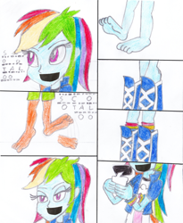 Size: 492x600 | Tagged: safe, artist:greenhood-station, edit, imported from derpibooru, rainbow dash, scootaloo, human, equestria girls, cropped, putting on boots, solo