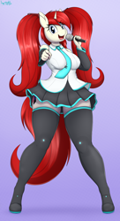 Size: 2940x5400 | Tagged: safe, artist:an-tonio, imported from derpibooru, oc, oc only, oc:silver draw, anthro, unicorn, clothes, cosplay, costume, hatsune miku, horn, looking at you, microphone, pointing, skirt, solo, vocaloid