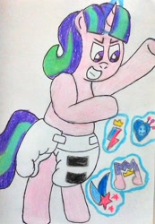 Size: 2342x3390 | Tagged: safe, artist:bitter sweetness, imported from derpibooru, starlight glimmer, pony, unicorn, adult foal, cutie mark, cutie mark theft, diaper, diaper fetish, evil grin, fetish, g5, glowing, glowing horn, grin, horn, implied izzy moonbow, implied pipp petals, implied sunny starscout, implied zipp storm, levitation, magic, non-baby in diaper, poofy diaper, s5 starlight, simple background, smiling, solo, telekinesis, traditional art, white background