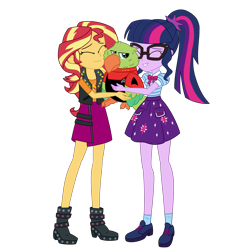 Size: 3000x3000 | Tagged: safe, artist:nie-martw-sie-o-mnie, imported from derpibooru, sci-twi, sunset shimmer, twilight sparkle, oc, oc:commander inat'p, alien, bird, parakeet, equestria girls, clothes, commission, commissioner:jrshinkansenhorse, crossover, cute, female, first officer, hug, it's not about the parakeet, lesbian, melopsittian, my little pony equestria girls: better together, sci-twi skirt, sci-twishimmer, shipping, skirt, star trek, star trek: sunset shimmer, sunsetsparkle, unamused