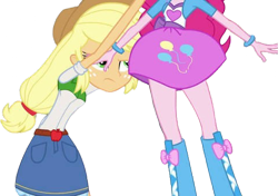 Size: 3587x2520 | Tagged: safe, edit, edited screencap, editor:homersimpson1983, imported from derpibooru, screencap, applejack, pinkie pie, human, equestria girls, background removed, belt, boots, clothes, cowboy hat, duo, duo female, female, hat, high heel boots, jacket, not a vector, shirt, shoes, skirt, vest