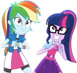 Size: 2656x2520 | Tagged: safe, edit, edited screencap, editor:homersimpson1983, imported from derpibooru, screencap, rainbow dash, sci-twi, twilight sparkle, equestria girls, background removed, clothes, duo, duo female, female, glasses, not a vector, sci-twi outfits, smiling