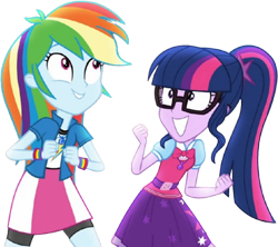 Size: 2836x2520 | Tagged: safe, edit, edited screencap, editor:homersimpson1983, imported from derpibooru, screencap, rainbow dash, sci-twi, twilight sparkle, human, background removed, clothes, duo, duo female, female, glasses, not a vector, ponytail, sci-twi outfits, smiling