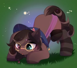 Size: 2048x1806 | Tagged: safe, artist:empress-twilight, oc, oc only, pony, abstract background, bent over, clothes, female, glasses, hat, heterochromia, hooves, mare, socks, striped socks