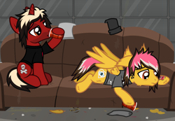 Size: 2396x1660 | Tagged: safe, artist:lightningbolt, derpibooru exclusive, imported from derpibooru, pegasus, pony, unicorn, .svg available, alcohol, alex gaskarth, all time low, bags under eyes, butt fluff, cheek fluff, clothes, couch, cup, drink, drinking, drunk, duo, duo male, dyed mane, dyed tail, ear fluff, ear piercing, facial hair, floppy ears, frown, hoof fluff, hoof hold, horn, jack barakat, lidded eyes, looking down, lying down, male, messy room, partially open wings, piercing, ponified, prone, sad, shirt, show accurate, sitting, stallion, svg, t-shirt, tail, tattoo, vector, wing fluff, wings