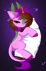 Size: 1318x2048 | Tagged: safe, artist:empress-twilight, oc, oc only, kirin, pony, abstract background, female, hooves, kirin oc, mare, one eye closed, pillow