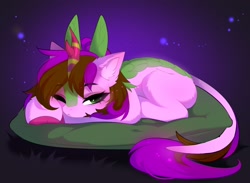 Size: 2048x1502 | Tagged: safe, artist:empress-twilight, oc, oc only, kirin, pony, abstract background, female, hooves, kirin oc, lying down, mare, one eye closed