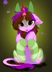 Size: 1471x2048 | Tagged: safe, artist:empress-twilight, oc, oc only, kirin, pony, abstract background, clothes, female, hooves, kirin oc, looking at you, mare, sitting, socks, striped socks, tongue out