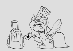 Size: 1484x1038 | Tagged: safe, artist:matachu, imported from derpibooru, oc, oc:mitchy, alicorn, alicorn oc, crossdressing, disney, hat, horn, suitcase, wings