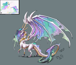 Size: 2064x1785 | Tagged: safe, artist:sevour, imported from derpibooru, princess celestia, dragon, colored, concave belly, dragoness, dragonified, female, holes in wings, impossibly large wings, jewelry, large wings, long tail, quadrupedal, regalia, scaled underbelly, sketch, slender, solo, species swap, starry tail, starry wings, tail, thin, vein, veiny wings, wings