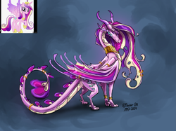 Size: 2217x1662 | Tagged: safe, artist:sevour, imported from derpibooru, princess cadance, dragon, dragoness, dragonified, female, folded wings, jewelry, large wings, long tail, quadrupedal, regalia, scaled underbelly, slender, solo, species swap, tail, thin, wings