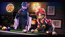 Size: 9600x5400 | Tagged: safe, artist:imafutureguitarhero, imported from derpibooru, sci-twi, sunset shimmer, twilight sparkle, alicorn, anthro, classical unicorn, unguligrade anthro, unicorn, 3d, 8 ball, absurd file size, absurd resolution, adidas, alicornified, arcade cabinet, arcade game, arm fluff, billiards, black bars, brick wall, casino, chair, cheek fluff, chest fluff, chin fluff, chromatic aberration, clothes, cloven hooves, colored eyebrows, colored eyelashes, colored wings, denim, duo, dutch angle, ear fluff, ear freckles, female, film grain, floppy ears, fluffy, fluffy hair, fluffy mane, fluffy tail, focused, food, freckles, fur, hand freckles, hoodie, horn, indoors, jacket, jeans, leaning forward, leather, leather jacket, leonine tail, letterboxing, long hair, long mane, long nails, mare, mortal kombat, multicolored hair, multicolored mane, multicolored tail, neck fluff, neon, neon sign, one ear down, open mouth, paintover, pants, peppered bacon, pizza, pool ball, pool table, race swap, revamped anthros, revamped ponies, sci-twilicorn, shirt, signature, smiling, source filmmaker, space invaders, tail, tail fluff, twilight sparkle (alicorn), two toned wings, unshorn fetlocks, wall of tags, wing fluff, wing freckles, wings