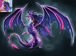 Size: 2217x1662 | Tagged: safe, artist:sevour, imported from derpibooru, twilight sparkle, alicorn, dragon, the last problem, belly, concave belly, dragoness, dragonified, female, flying, jewelry, large wings, long tail, older, older twilight, older twilight sparkle (alicorn), princess twilight 2.0, quadrupedal, rearing, regalia, reverse countershading, scaled underbelly, signature, slender, solo, species swap, spread wings, tail, thin, twilight sparkle (alicorn), wings