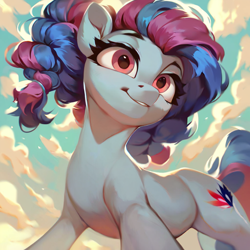 Size: 1024x1024 | Tagged: safe, artist:thegrimsniper, imported from derpibooru, oc, oc only, oc:magnolia masquerade, earth pony, pony, ai content, ai generated, backlighting, blue mane, blue tail, cloud, confident, cutie mark, eyebrows, female, generator:pony diffusion v6 xl, generator:stable diffusion, low angle, mare, purple mane, purple tail, raised eyebrow, red eyes, sky, smiling, smirk, solo, solo female, standing, tail, teeth, two toned mane, two toned tail