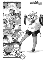 Size: 2500x3523 | Tagged: safe, artist:boastudio, imported from derpibooru, bramble, princess ember, thorax, anthro, changedling, changeling, deer, dragon, comic:hooves & fins, black and white, comic, dialogue, dragoness, female, grayscale, high res, king thorax, male, monochrome, simple background, speech bubble, trio, white background