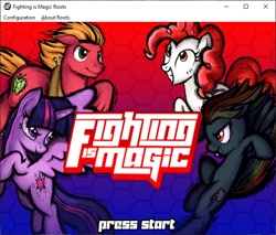 Size: 642x548 | Tagged: safe, imported from ponybooru, big macintosh, twilight sparkle, alicorn, fighting is magic, fan game, fighting is magic - roots, logo, press, rainbow factory dash, scooter (character), splash art, start, title screen, twilight sparkle (alicorn)