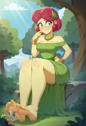 Size: 2496x3648 | Tagged: safe, imported from derpibooru, posey shy, human, equestria girls, ai content, ai generated, clothes, crepuscular rays, dress, feet, fetish, foot fetish, forest, grass, legs, nature, nervous, outdoors, prompter:trux23, sitting, soles, solo, toes, tree