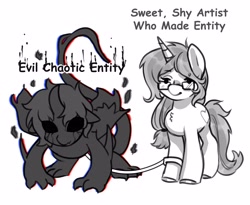 Size: 4096x3353 | Tagged: safe, artist:opalacorn, imported from derpibooru, oc, oc only, alicorn, pony, unicorn, black and white, chest fluff, commission, female, glasses, grayscale, horn, leash, lidded eyes, mare, monochrome, simple background, text, white background, ych result