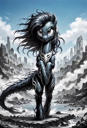 Size: 800x1169 | Tagged: safe, imported from derpibooru, oc, oc only, ai content, ai generated, bipedal, female, generator:pony diffusion v6 xl, generator:stable diffusion, mare, outdoors, prompter:gregorymars, solo, solo female, standing, venom