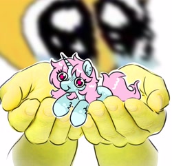 Size: 4096x3956 | Tagged: safe, artist:opalacorn, imported from derpibooru, oc, oc only, oc:scoops, pony, unicorn, big eyes, female, holding a pony, horn, in goliath's palm, looking at you, lying down, mare, prone, size difference, smiling, smiling at you, solo focus, teary eyes