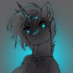 Size: 4096x4096 | Tagged: safe, artist:opalacorn, imported from derpibooru, oc, oc only, pony, unicorn, bust, chest fluff, ear fluff, glowing, glowing eyes, horn, looking at you, male, monochrome, solo, stallion