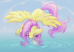 Size: 1414x1000 | Tagged: safe, artist:chaosangeldesu, imported from derpibooru, fluttershy, pegasus, pony, eyes closed, female, flying, mare, outdoors, sky, solo, spread wings, tail, water, wings