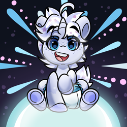 Size: 4000x4000 | Tagged: safe, artist:duckie, imported from derpibooru, oc, oc only, oc:moondrop mist, pony, unicorn, abdl, abstract background, bluey, colt, diaper, eye clipping through hair, eyebrows, eyebrows visible through hair, eyelashes, female, filly, foal, freckles, frog (hoof), horn, looking at you, male, mouth on side of face, open mouth, open smile, sleepytime, smiling, smiling at you, solo, space, stars, underhoof