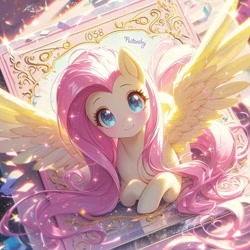 Size: 736x736 | Tagged: artist needed, safe, imported from derpibooru, fluttershy, pegasus, pony, abstract background, ai content, cute, front view, looking at you, spread wings, wings