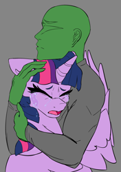 Size: 2585x3667 | Tagged: safe, artist:2hrnap, imported from derpibooru, twilight sparkle, oc, oc:anon, alicorn, comforting, crying, duo, duo male and female, eyes closed, female, gray background, hug, male, mare, open mouth, simple background, twilight sparkle (alicorn), winghug, wings