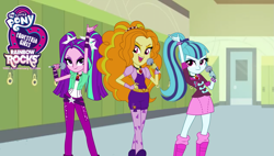 Size: 1557x884 | Tagged: safe, artist:mixiepie, artist:pregnacylove, editor:gigarainbowdasheqg, imported from derpibooru, adagio dazzle, aria blaze, sonata dusk, equestria girls, 1000 years in photoshop, canterlot high, lockers, microphone, my little pony equestria girls: rainbow rocks, rainbow rocks 10th anniversary, the dazzlings