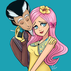 Size: 1280x1280 | Tagged: safe, artist:umanuma, imported from derpibooru, discord, fluttershy, butterfly, human, alcohol, blue background, bowtie, breasts, cigarette, clothes, dark skin, discoshy, dress, drink, duo, duo male and female, eyes closed, facial hair, female, flower, flower in hair, glass, gloves, goatee, hug, humanized, lipstick, makeup, male, necktie, shipping, shot glass, simple background, straight, suit, vest