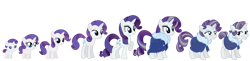 Size: 1475x360 | Tagged: safe, artist:dazzle, imported from derpibooru, rarity, unicorn, age progression, clothes, coat, ear piercing, earring, eyeshadow, female, filly, foal, fur coat, gradient mane, grey hair, horn, jewelry, makeup, mare, older, piercing, simple background, transparent background, younger