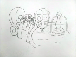 Size: 4032x3016 | Tagged: safe, artist:jakusi, junebug, earth pony, pony, basket, drinking, female, flower, fountain, mare, sketch, solo, tongue out, traditional art