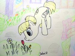 Size: 4032x3016 | Tagged: safe, artist:jakusi, pegasus, pony, background pony, female, flower, friendship student, garden, grass, hair bun, leaning, mare, school of friendship, signature, smelling, solo, traditional art, tulip