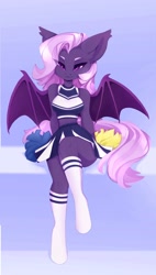 Size: 1166x2048 | Tagged: safe, artist:shooshaa, oc, oc only, anthro, bat pony, bat pony oc, bat wings, breasts, cheerleader outfit, clothes, female, looking at you, pom pom, skirt, wings