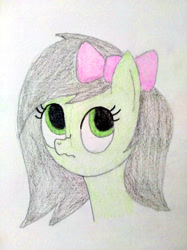 Size: 3016x4032 | Tagged: safe, artist:jakusi, oc, oc:filly anon, earth pony, pony, bow, bust, cute, female, filly, hair bow, looking away, mare, portrait, scrunchy face, solo, traditional art