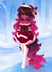 Size: 1469x2048 | Tagged: safe, artist:shooshaa, oc, oc only, anthro, breasts, christmas, clothes, female, gloves, holiday, socks, winter