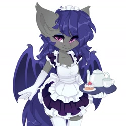 Size: 1835x1835 | Tagged: safe, artist:shooshaa, oc, oc only, anthro, bat pony, bat pony oc, bat wings, breasts, clothes, female, food, gloves, looking at you, maid, wings