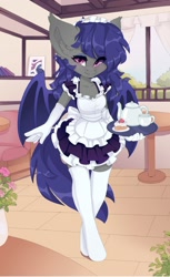 Size: 1256x2048 | Tagged: safe, artist:shooshaa, oc, oc only, anthro, bat pony, bat pony oc, bat wings, breasts, clothes, female, food, gloves, looking at you, maid, socks, wings