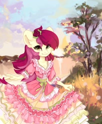 Size: 1346x1640 | Tagged: safe, artist:shooshaa, roseluck, anthro, breasts, clothes, dress, female, outdoors, skirt