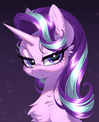 Size: 3777x4647 | Tagged: safe, artist:e-boi, imported from derpibooru, starlight glimmer, pony, unicorn, blushing, bust, chest fluff, cute, digital art, ear fluff, eye clipping through hair, eyelashes, eyeshadow, female, gradient background, high res, horn, lidded eyes, looking at you, makeup, mare, outline, purple background, purple eyes, purple mane, signature, simple background, smiling, solo, sparkles, stars, white outline, wingding eyes