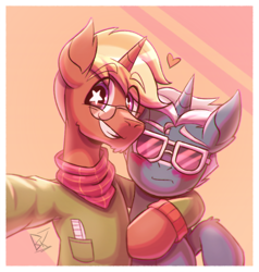 Size: 1362x1431 | Tagged: safe, artist:bkiltersot, imported from derpibooru, fashion plate, trenderhoof, earth pony, pony, unicorn, bandana, blonde mane, blushing, clothes, comb, duo, duo male, gay, glasses, horn, hug, male, selfie, shipping, simple background, smiling, starry eyes, trenderplate, white background, wingding eyes, yellow background