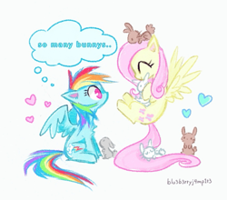 Size: 873x768 | Tagged: source needed, safe, artist:flutterberrypie, imported from derpibooru, angel bunny, fluttershy, rainbow dash, pegasus, pony, rabbit, animal, cute, duo, eyes closed, female, flutterdash, flying, grammar error, heart, hoof hold, lesbian, mare, raised hoof, shipping, signature, sitting, wings