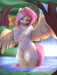 Size: 526x701 | Tagged: artist needed, safe, imported from derpibooru, fluttershy, anthro, clothes, dress, female, frilly dress, partially submerged, see-through, see-through dress, solo, spread wings, standing in water, submerged, tree, water, waterfall, wings