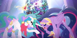 Size: 5197x2610 | Tagged: safe, artist:inspiredpixels, imported from derpibooru, princess celestia, twilight sparkle, alicorn, pony, the last problem, concave belly, crown, crying, element of magic, ethereal mane, ethereal tail, folded wings, hoof shoes, immortality blues, indoors, jewelry, long mane, long tail, older, older twilight, older twilight sparkle (alicorn), peytral, princess shoes, princess twilight 2.0, raised hoof, regalia, slender, tail, tall, thin, twilight sparkle (alicorn), wings