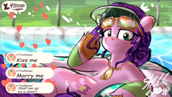 Size: 960x540 | Tagged: safe, artist:skullfroggy, imported from derpibooru, pipp petals, pony, g5, glasses, implied hitch trailblazer, inner tube, jewelry, lying down, necklace, on back, pool toy, solo, streaming, swimming, swimming pool, text